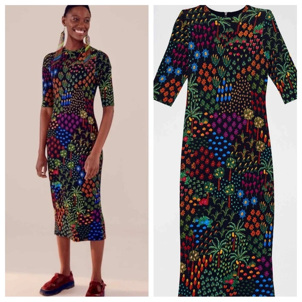 Farm Rio fruit garden Jersey midi dress colorful tropical floral 23570